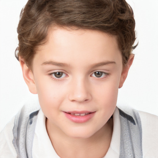 Joyful white child female with short  brown hair and brown eyes