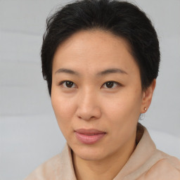 Neutral asian young-adult female with short  brown hair and brown eyes