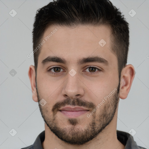 Neutral white young-adult male with short  brown hair and brown eyes