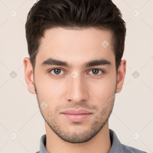 Neutral white young-adult male with short  brown hair and brown eyes