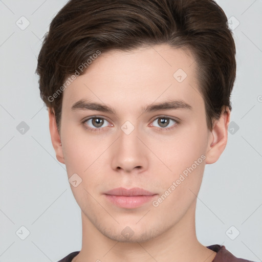 Neutral white young-adult male with short  brown hair and brown eyes