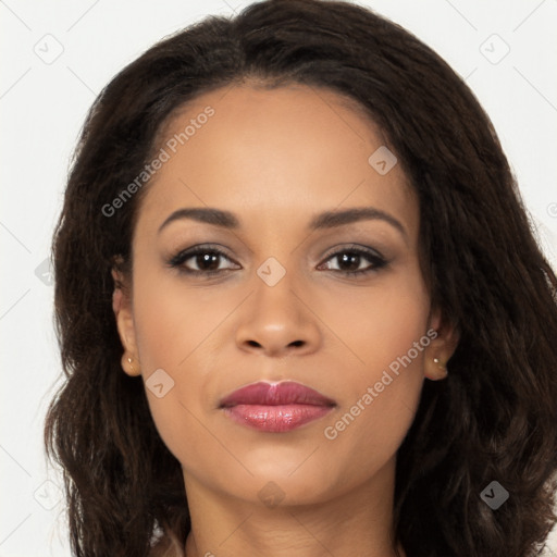 Joyful latino young-adult female with long  brown hair and brown eyes