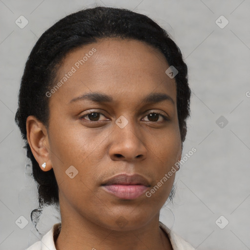 Neutral black young-adult female with short  black hair and brown eyes