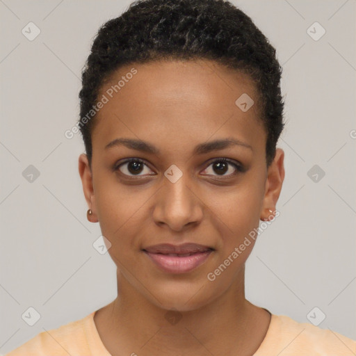 Joyful black young-adult female with short  black hair and brown eyes