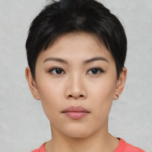 Neutral asian young-adult female with short  black hair and brown eyes