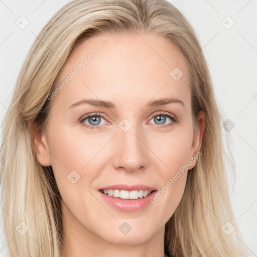 Joyful white young-adult female with long  brown hair and blue eyes