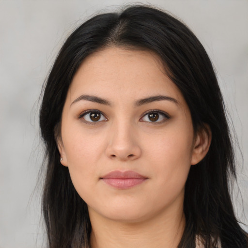 Neutral asian young-adult female with long  brown hair and brown eyes