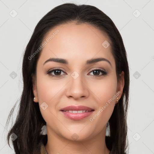 Joyful white young-adult female with long  brown hair and brown eyes