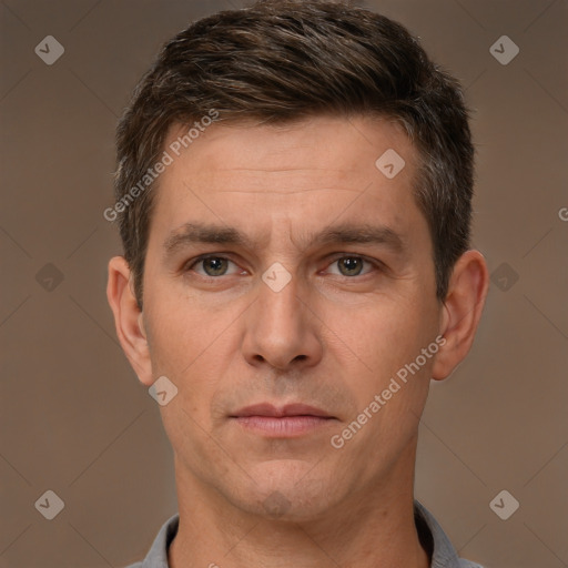 Neutral white adult male with short  brown hair and brown eyes