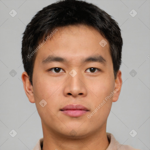 Neutral asian young-adult male with short  brown hair and brown eyes