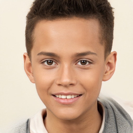 Joyful white child male with short  brown hair and brown eyes