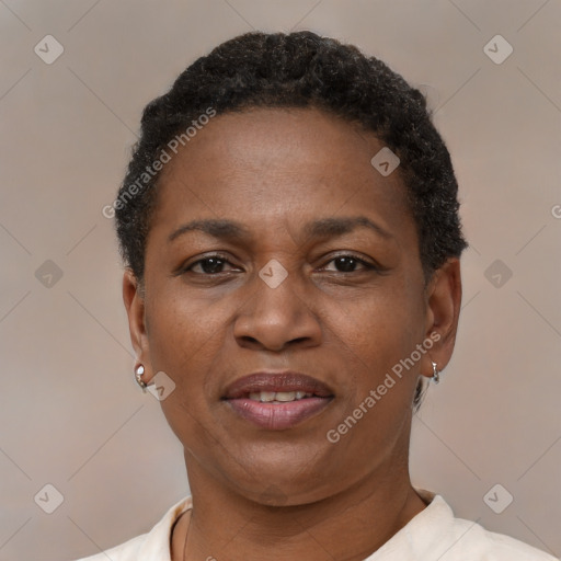 Joyful latino adult female with short  brown hair and brown eyes