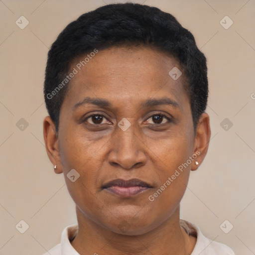Joyful black adult female with short  brown hair and brown eyes
