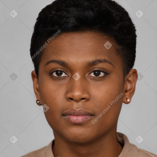 Neutral black young-adult female with short  brown hair and brown eyes