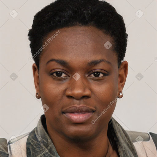 Joyful black young-adult female with short  black hair and brown eyes