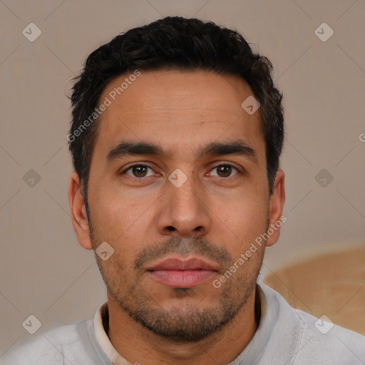 Neutral white young-adult male with short  black hair and brown eyes