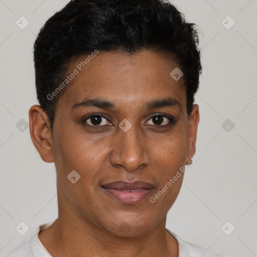 Joyful black young-adult female with short  brown hair and brown eyes