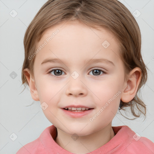 Joyful white child female with medium  brown hair and grey eyes