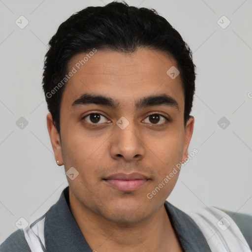 Neutral latino young-adult male with short  black hair and brown eyes