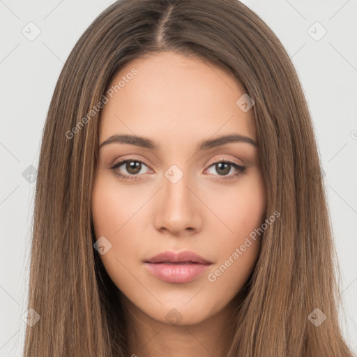 Neutral white young-adult female with long  brown hair and brown eyes