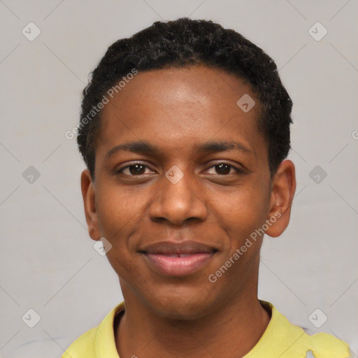 Joyful black young-adult male with short  black hair and brown eyes