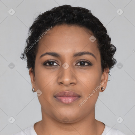 Joyful latino young-adult female with short  black hair and brown eyes