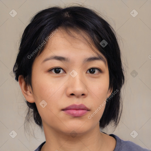 Neutral asian young-adult female with medium  black hair and brown eyes