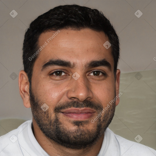 Joyful white young-adult male with short  black hair and brown eyes