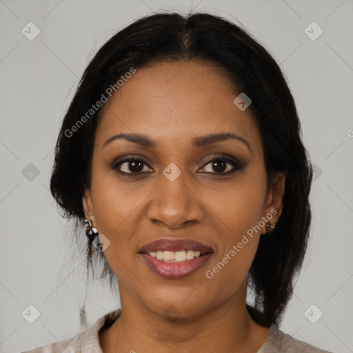 Joyful black young-adult female with medium  brown hair and brown eyes