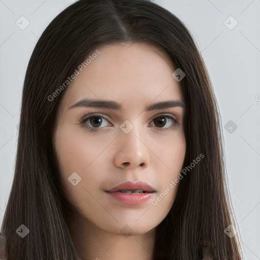 Neutral white young-adult female with long  brown hair and brown eyes