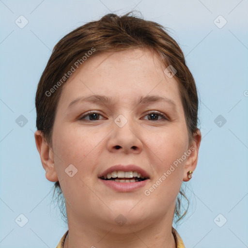 Joyful white young-adult female with short  brown hair and brown eyes