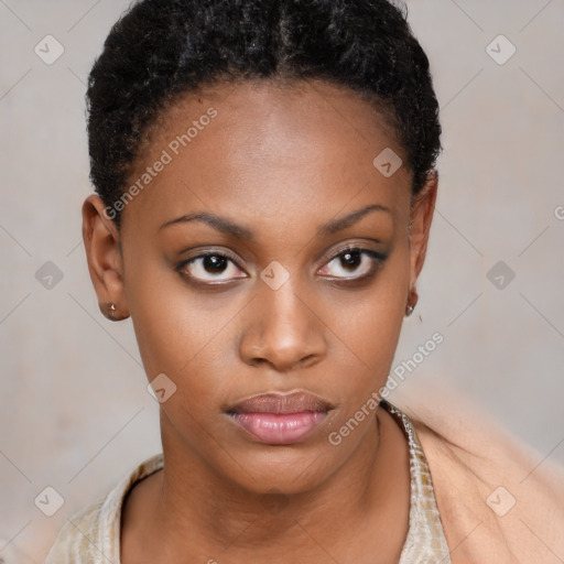 Neutral black young-adult female with short  brown hair and brown eyes