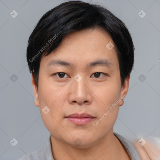 Neutral asian young-adult male with short  black hair and brown eyes