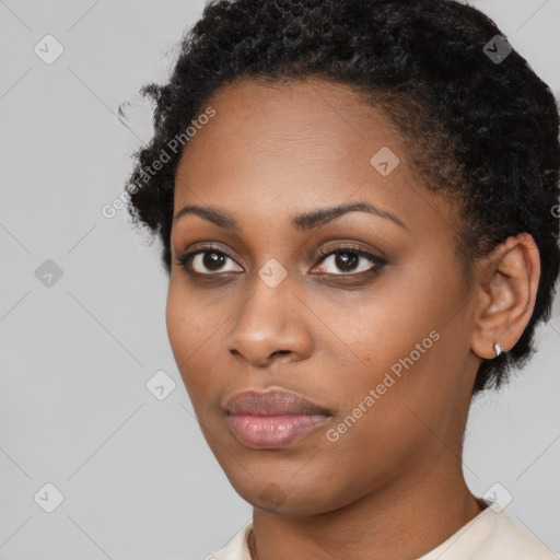 Neutral black young-adult female with short  black hair and brown eyes