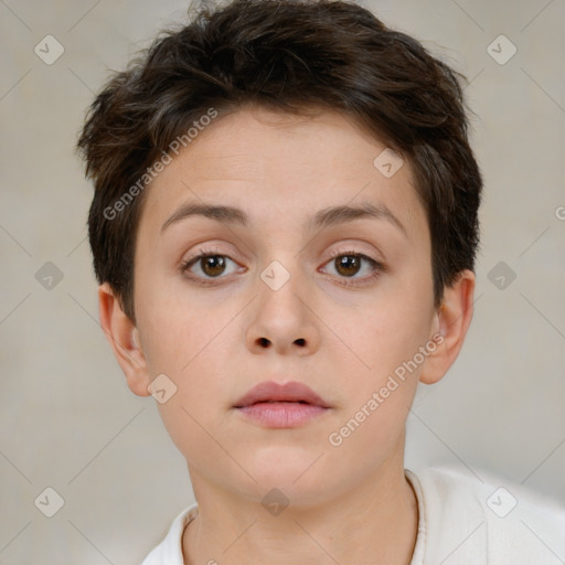 Neutral white young-adult female with short  brown hair and brown eyes