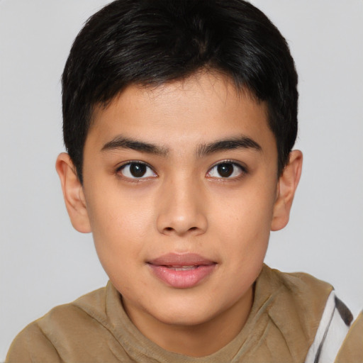 Joyful asian child male with short  brown hair and brown eyes