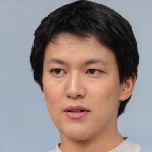 Neutral asian young-adult female with short  black hair and brown eyes