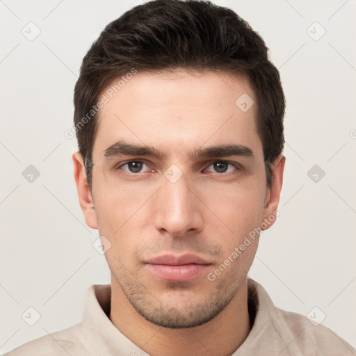 Neutral white young-adult male with short  brown hair and brown eyes