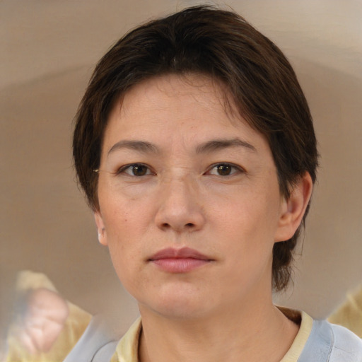 Neutral white adult female with medium  brown hair and brown eyes