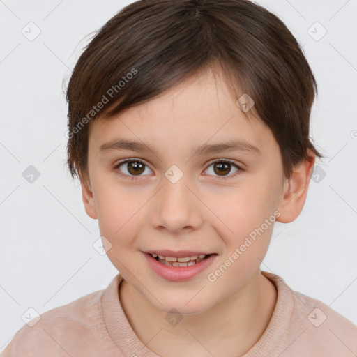 Joyful white child female with short  brown hair and brown eyes