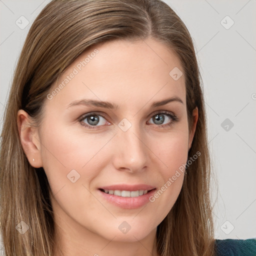 Joyful white young-adult female with long  brown hair and grey eyes