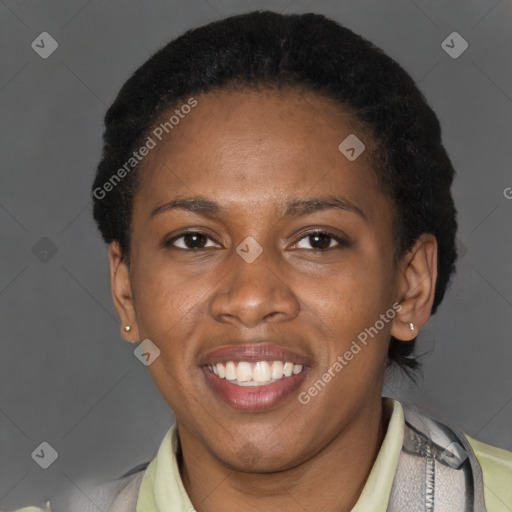 Joyful latino young-adult female with short  brown hair and brown eyes