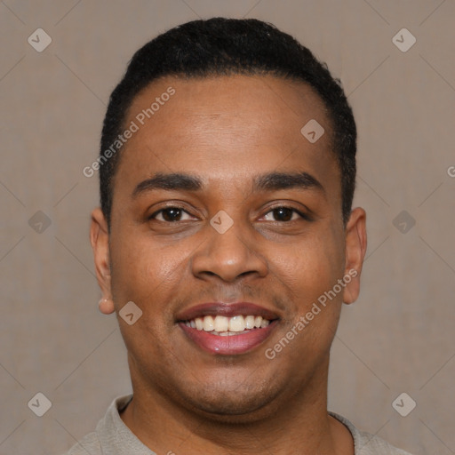 Joyful latino young-adult male with short  black hair and brown eyes
