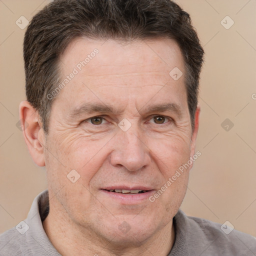 Joyful white middle-aged male with short  brown hair and brown eyes