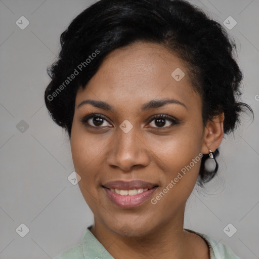 Joyful latino young-adult female with short  black hair and brown eyes