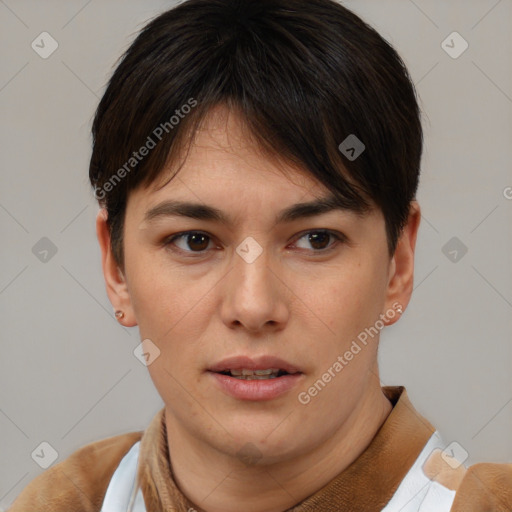 Neutral white young-adult female with short  brown hair and brown eyes