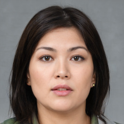 Neutral asian young-adult female with medium  brown hair and brown eyes