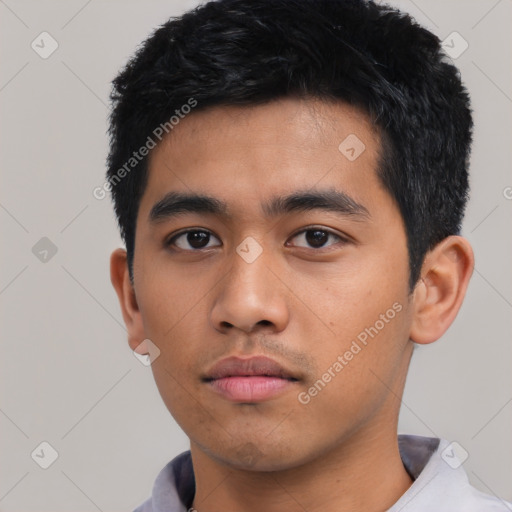 Neutral asian young-adult male with short  black hair and brown eyes