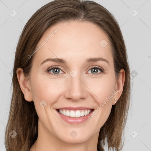 Joyful white young-adult female with long  brown hair and grey eyes