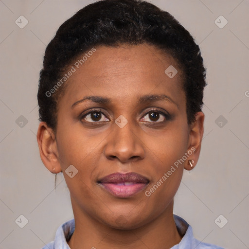 Joyful black young-adult female with short  brown hair and brown eyes